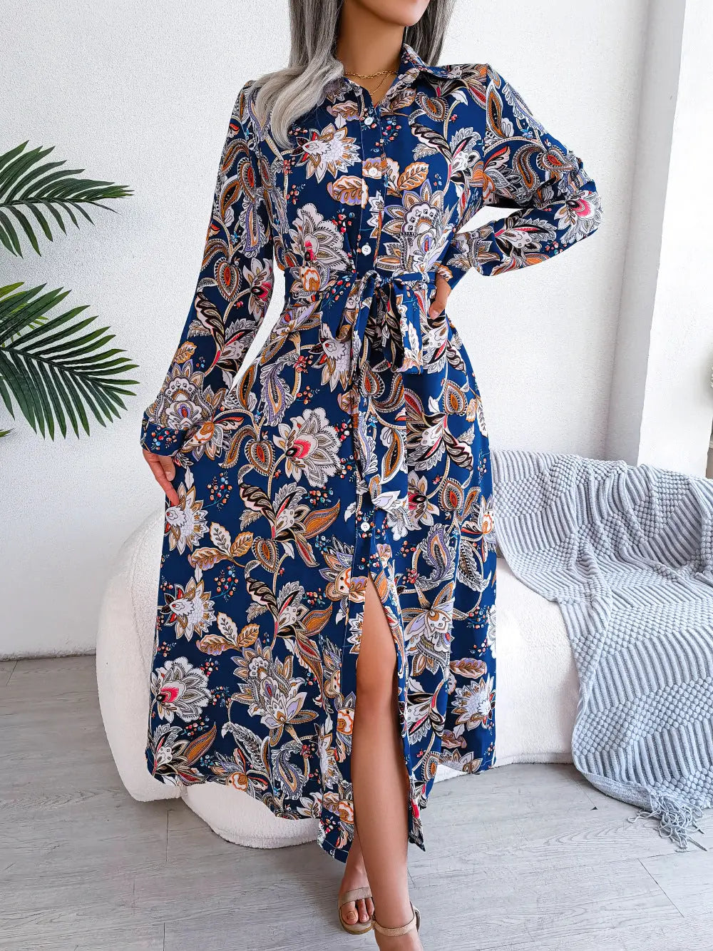 2026 Spring/Summer European and American Retro Floral Lapel Tie Shirt Dress Long Dress Amazon Cross-Border Women's Clothing GreatEagleInc