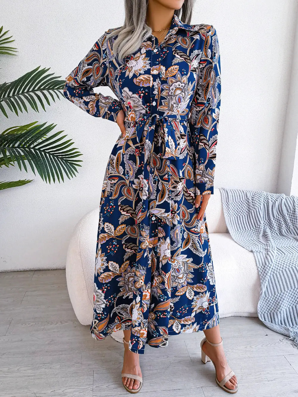2026 Spring/Summer European and American Retro Floral Lapel Tie Shirt Dress Long Dress Amazon Cross-Border Women's Clothing GreatEagleInc
