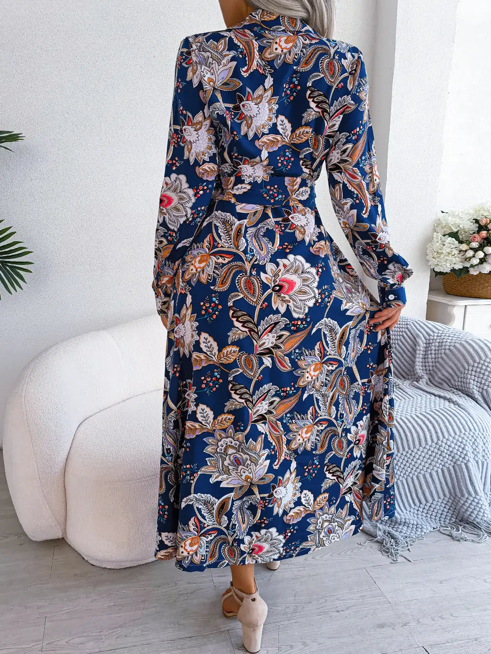 2026 Spring/Summer European and American Retro Floral Lapel Tie Shirt Dress Long Dress Amazon Cross-Border Women's Clothing GreatEagleInc
