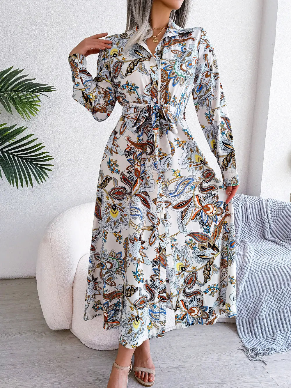 2026 Spring/Summer European and American Retro Floral Lapel Tie Shirt Dress Long Dress Amazon Cross-Border Women's Clothing GreatEagleInc