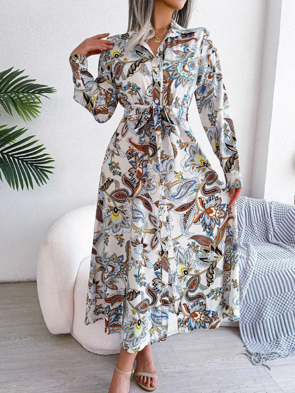2026 Spring/Summer European and American Retro Floral Lapel Tie Shirt Dress Long Dress Amazon Cross-Border Women's Clothing GreatEagleInc