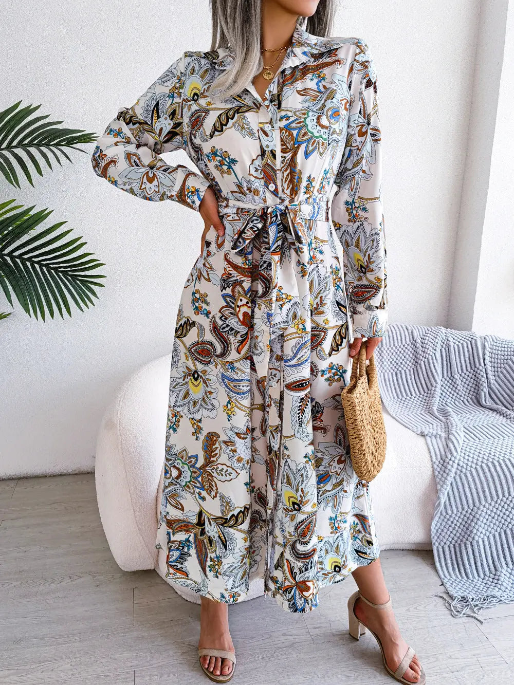 2026 Spring/Summer European and American Retro Floral Lapel Tie Shirt Dress Long Dress Amazon Cross-Border Women's Clothing GreatEagleInc