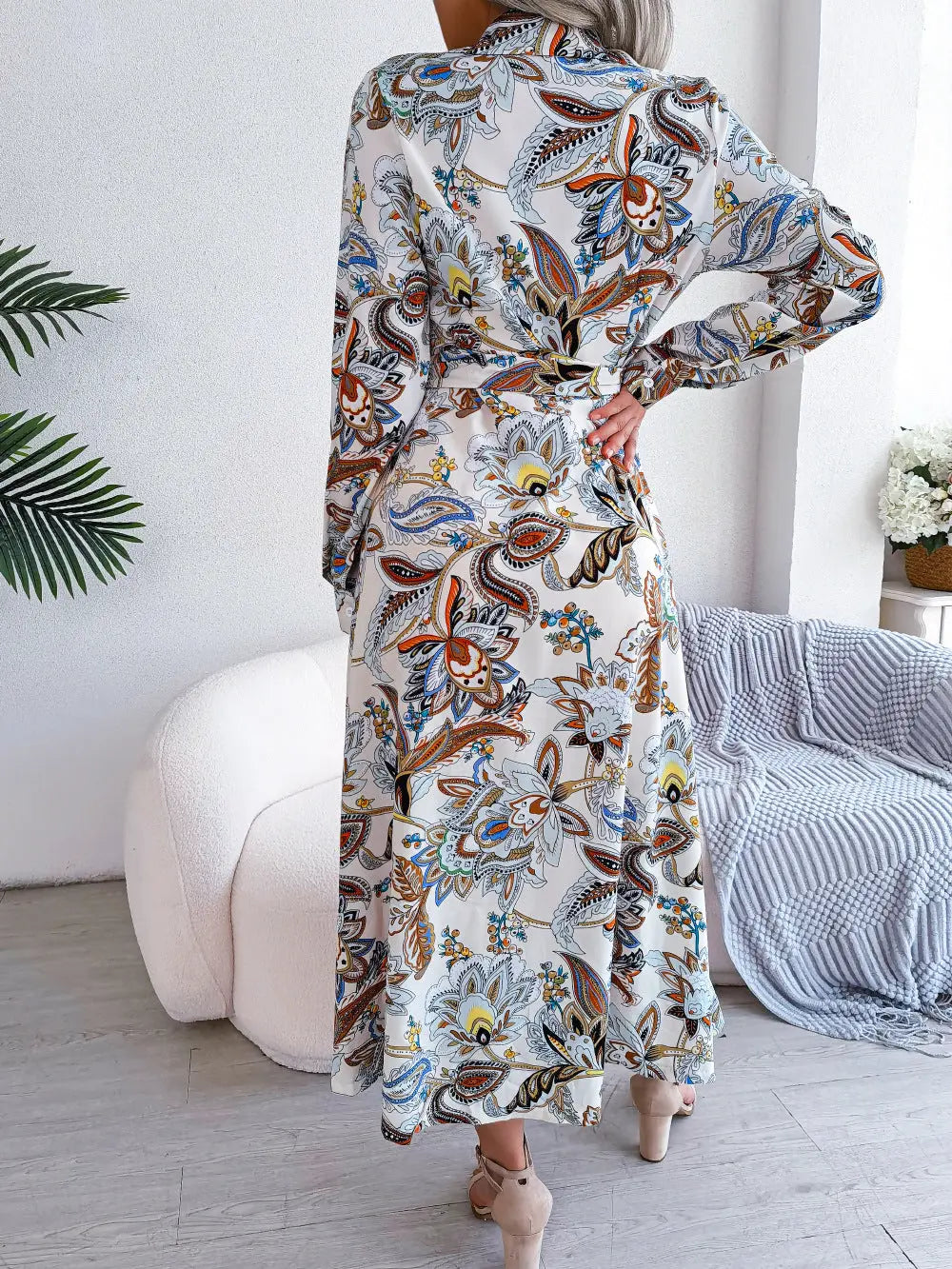2026 Spring/Summer European and American Retro Floral Lapel Tie Shirt Dress Long Dress Amazon Cross-Border Women's Clothing GreatEagleInc
