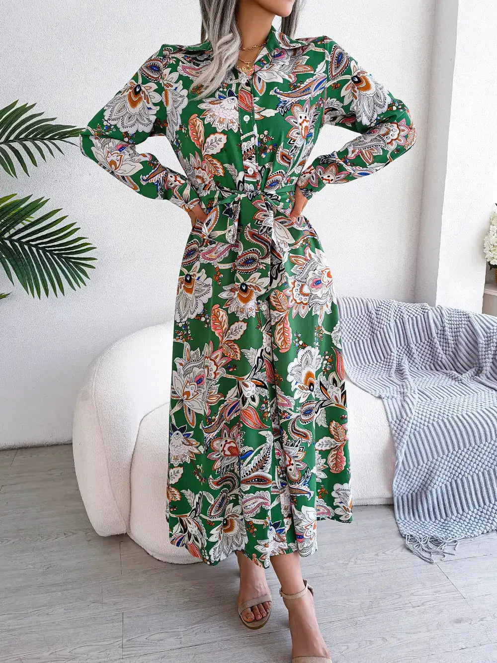 2026 Spring/Summer European and American Retro Floral Lapel Tie Shirt Dress Long Dress Amazon Cross-Border Women's Clothing GreatEagleInc
