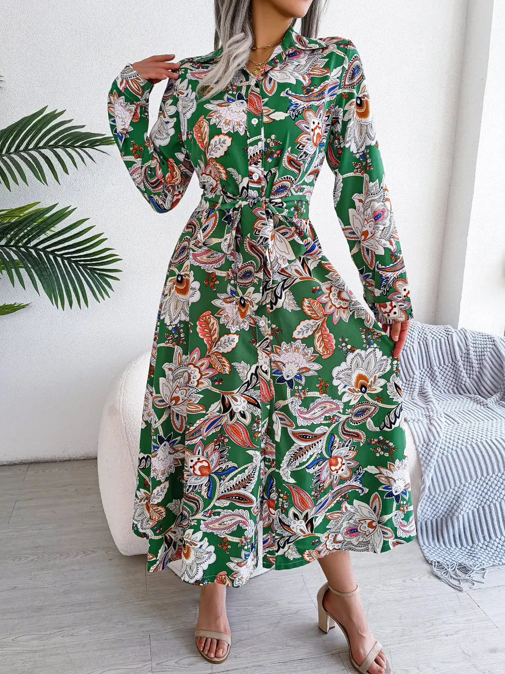 2026 Spring/Summer European and American Retro Floral Lapel Tie Shirt Dress Long Dress Amazon Cross-Border Women's Clothing GreatEagleInc