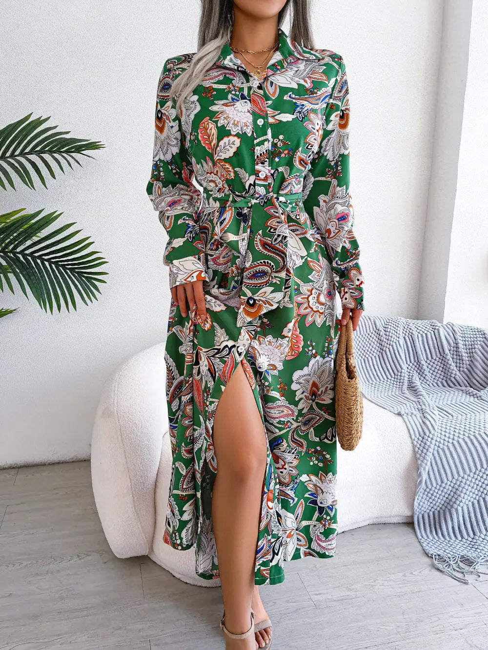 2026 Spring/Summer European and American Retro Floral Lapel Tie Shirt Dress Long Dress Amazon Cross-Border Women's Clothing GreatEagleInc