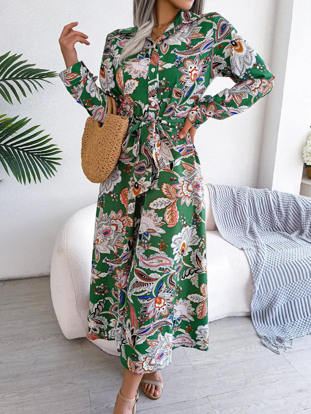 2026 Spring/Summer European and American Retro Floral Lapel Tie Shirt Dress Long Dress Amazon Cross-Border Women's Clothing GreatEagleInc