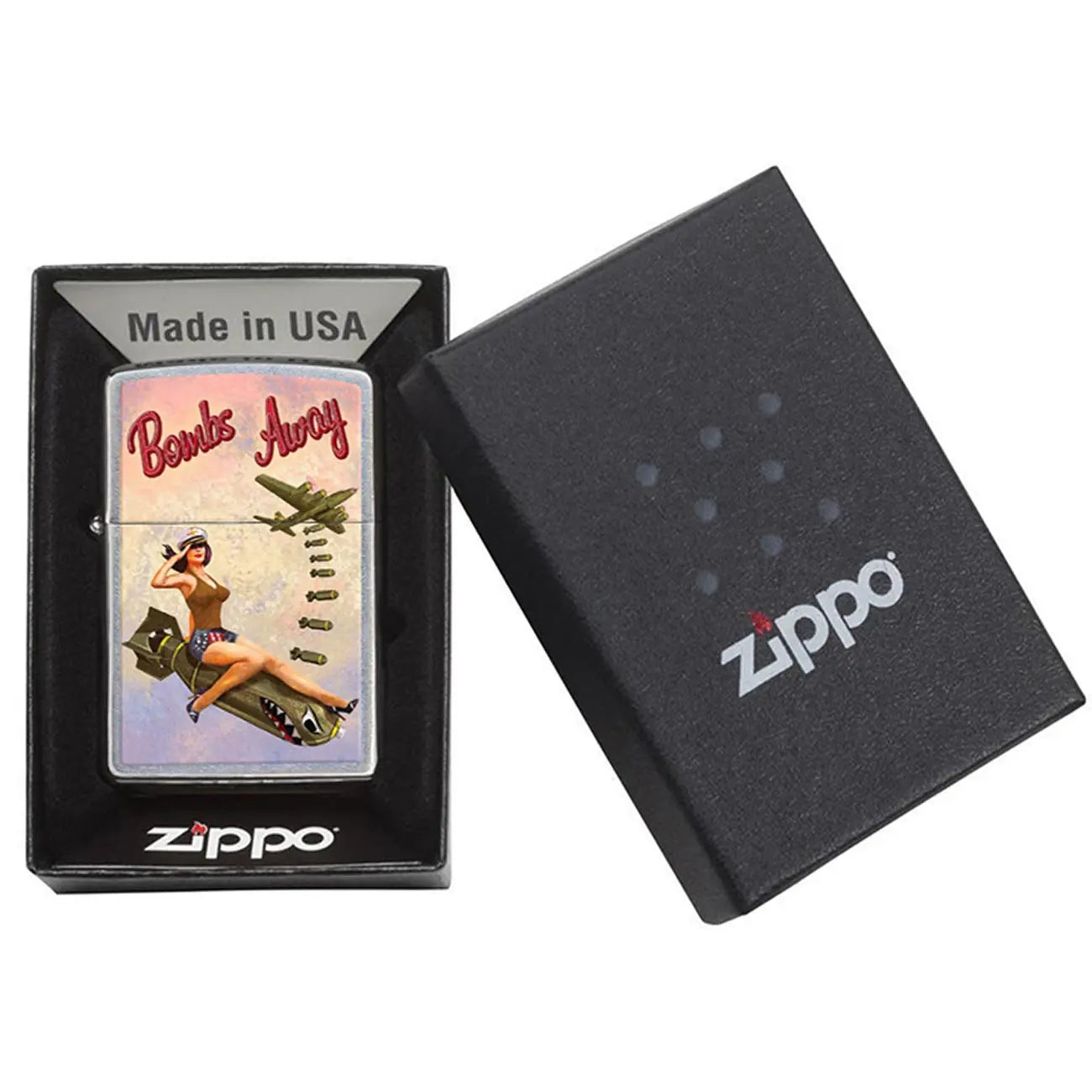 *207bombs* Zippo 80778 Windproof Lighter - Pinup Nose Art "bombs Away Girl" Imprinted Street Chrome Zippo