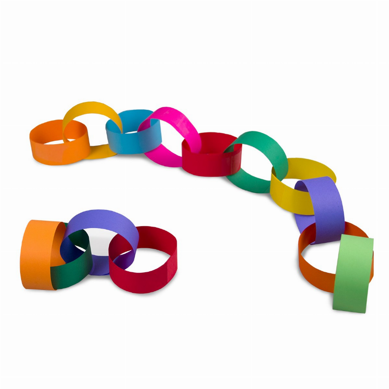 Colorful paper chain strips, linked loops in orange, teal, red, and green