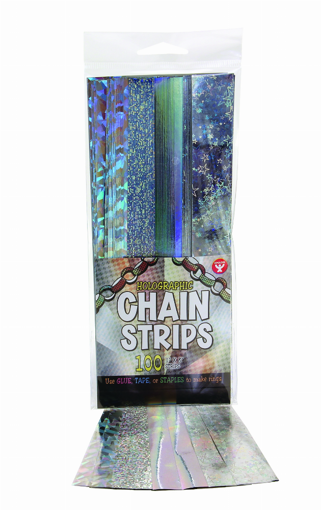 Holographic blue foil chain strip pack, 100 strips in a hanging display