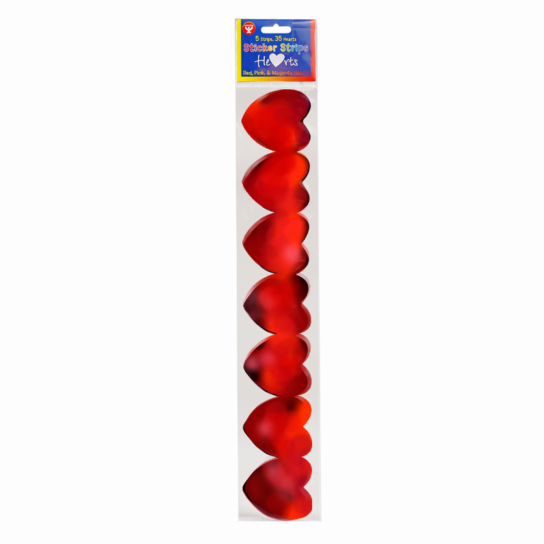 Red heart-shaped sticker strip with 3D glossy hearts, on retail card.