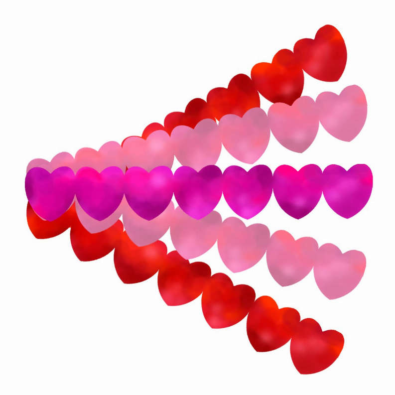 Multi-color heart-shaped sticker strip with 3D glossy hearts in red, pink, and fuchsia.