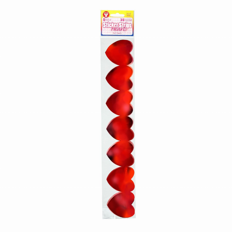 Red heart glitter sticker strip on retail card, vertical package.