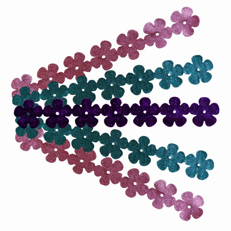Glitter flower sticker strip with purple, teal, and dark violet five-petal flowers