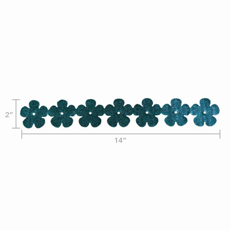 Teal glitter flower sticker strip, 14 in long and 2 in wide, five-petal flowers