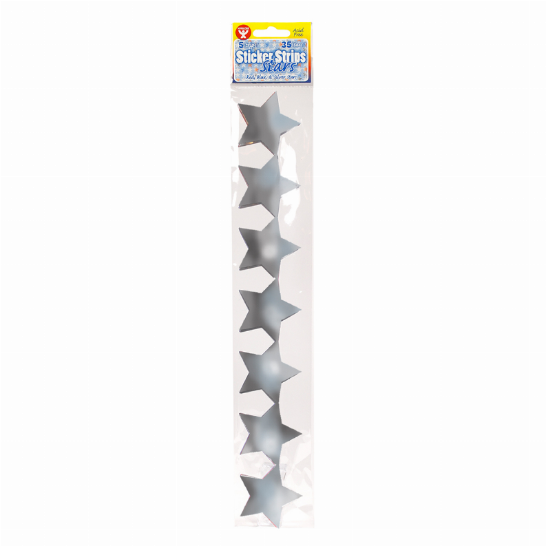 Star sticker strip with gray glitter stars on a clear adhesive strip