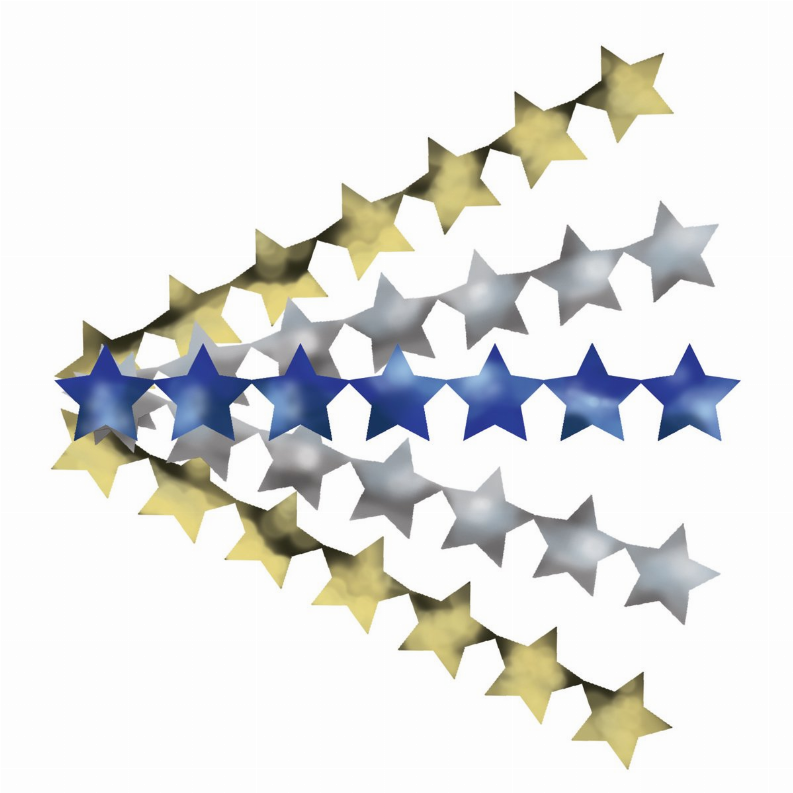 Multicolor glitter star sticker strip with blue, gold, and gray stars