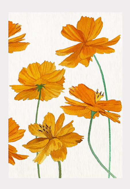 Art print with orange and yellow flower illustrations on a light background