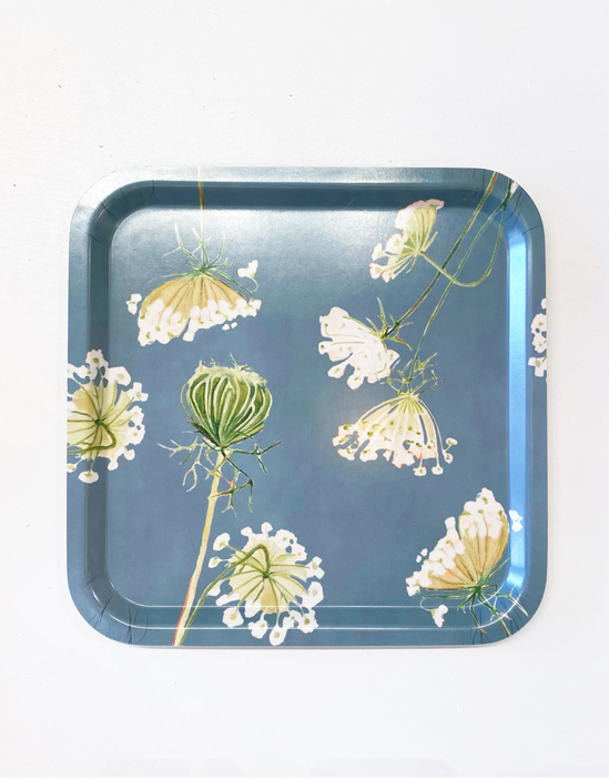 Teal square serving tray with cream botanical floral pattern and raised silver rim
