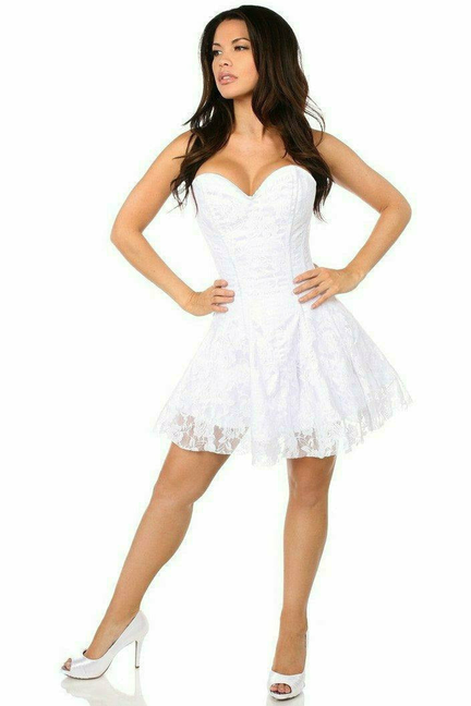 White lace corset mini dress with sweetheart neckline and layered lace skirt