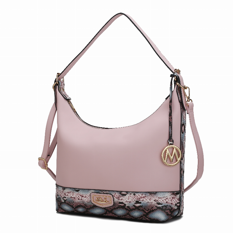 Blush pink shoulder bag with hobo shape, faux snakeskin bottom and side logo charm