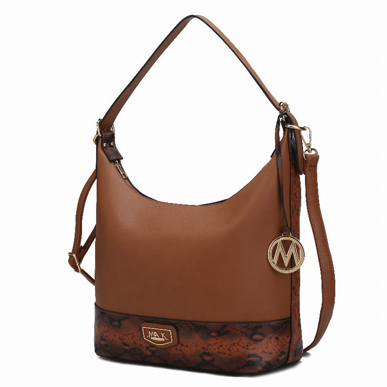 Brown shoulder bag with hobo shape, contrast faux snakeskin bottom and side charm