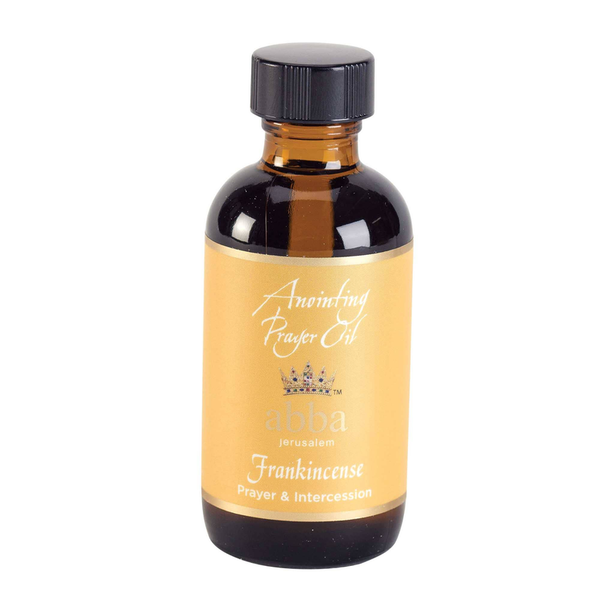 Frankincense anointing oil bottle with dark amber glass and black screw cap, front label