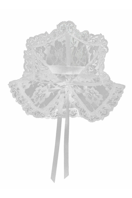 White lace neck collar with scalloped edges and ribbon ties
