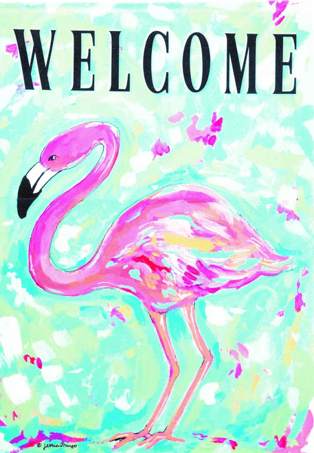 Polyester welcome flag, close-up view of flamingo and WELCOME lettering