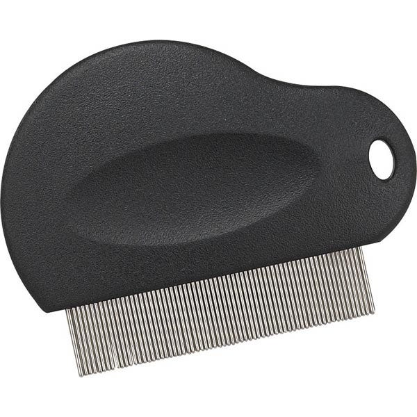 Black contoured grip flea comb with fine metal teeth and thumb hole