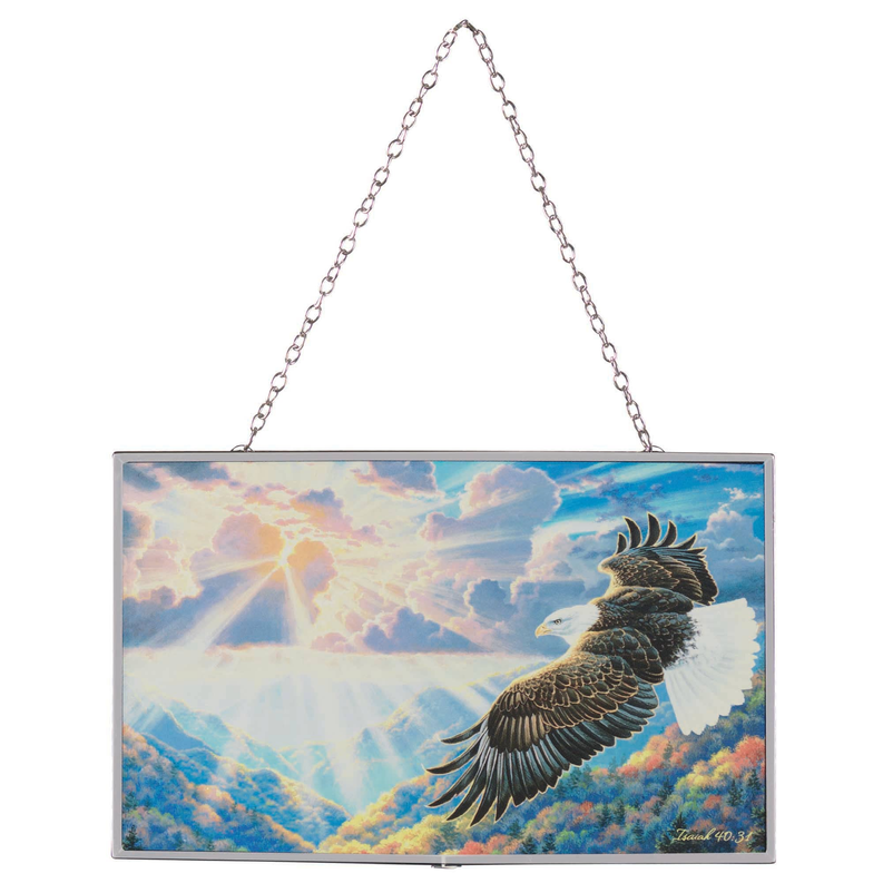 Rectangular eagle sun catcher with hanging chain, colorful mountain and cloud scene