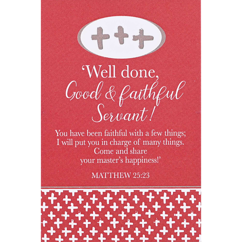 Red greeting card front with cross oval, 'Well done' quote, Matthew 25:23, patterned border