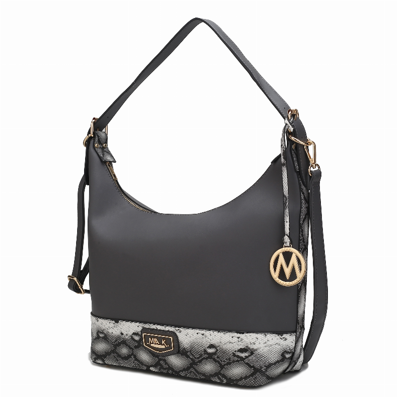 Charcoal/black shoulder bag with hobo shape, faux snakeskin bottom and side logo charm