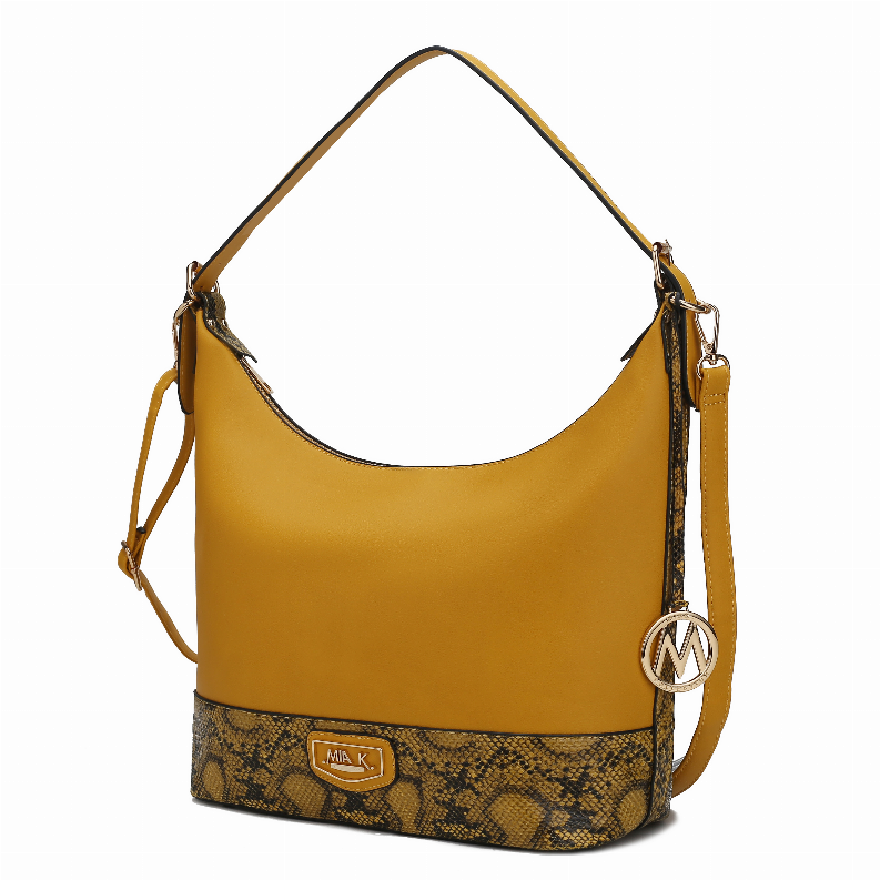 Mustard yellow shoulder bag with hobo shape, faux snakeskin bottom and side logo charm