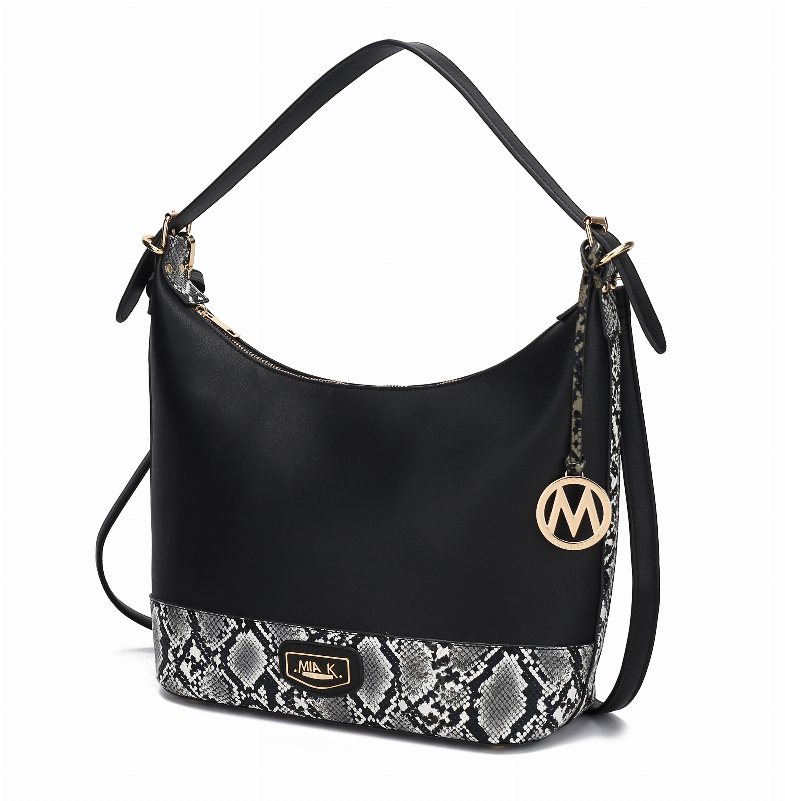 Black shoulder bag with hobo shape, faux snakeskin bottom and side logo charm