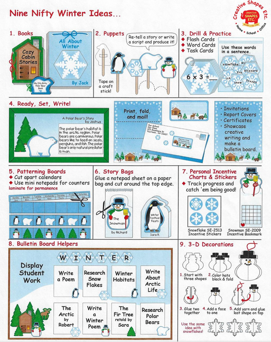 Winter ideas activity poster with nine numbered prompts and small scene illustrations