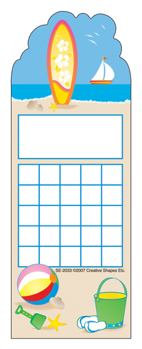 Personal incentive chart with beach and surfboard topper and blue writing grid sections