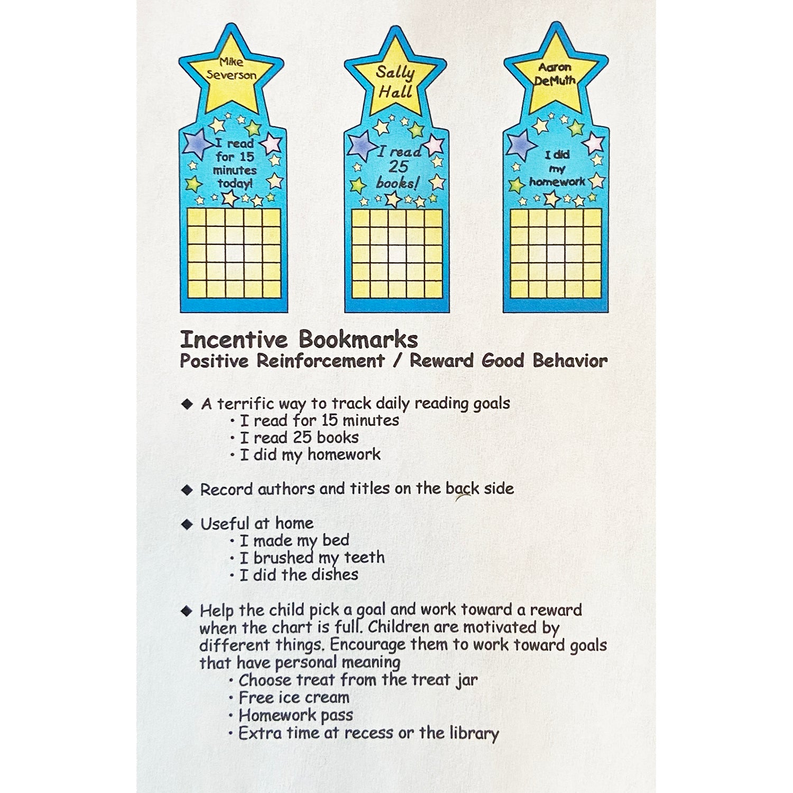 Personal incentive chart book page showing three blue bookmark designs with star tops