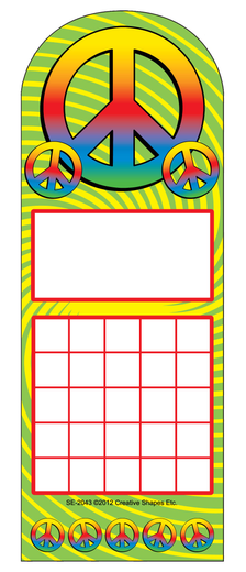 Personal incentive chart with peace symbol top and rainbow stripes, plus blank checkered reward grid