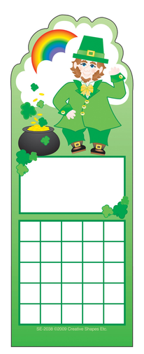 Personal incentive chart with leprechaun holding a hat, rainbow cloud, and blank checkered reward grid