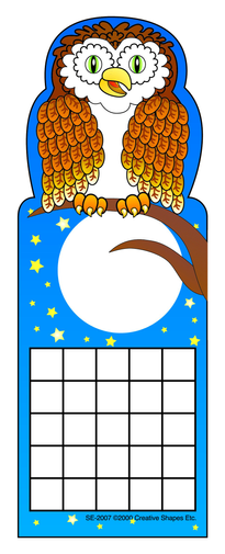 Personal incentive chart with owl illustration and blue border, with blank monthly grid