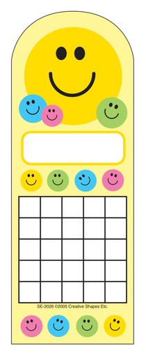 Smiley-face incentive chart with round face, four buttons, and grid rows