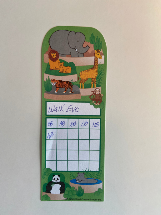 Personal incentive chart with jungle animals, text “Walk Eve,” and blank attendance grid