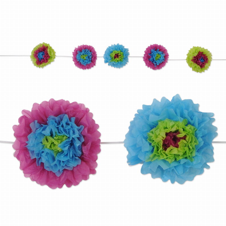 Colorful tissue pom-pom decorations: small multicolor flowers and two large layered paper blooms