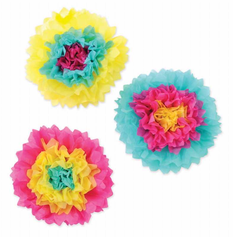 Layered tissue paper flower decorations: yellow, teal, and pink pom-poms with bright centers
