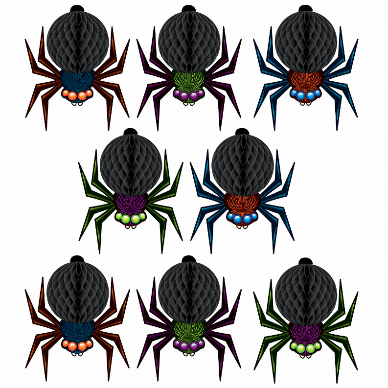 Spider-themed tissue decorations: black honeycomb ball heads, colorful legs and beaded bodies