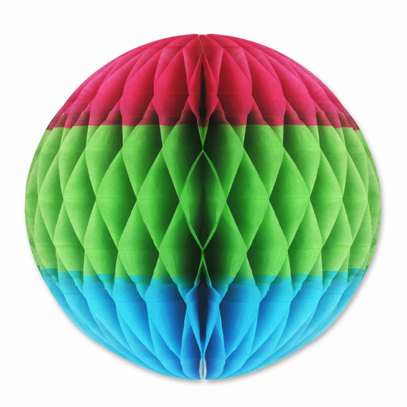 Round tissue fan decoration, pink to green to blue layered pleats