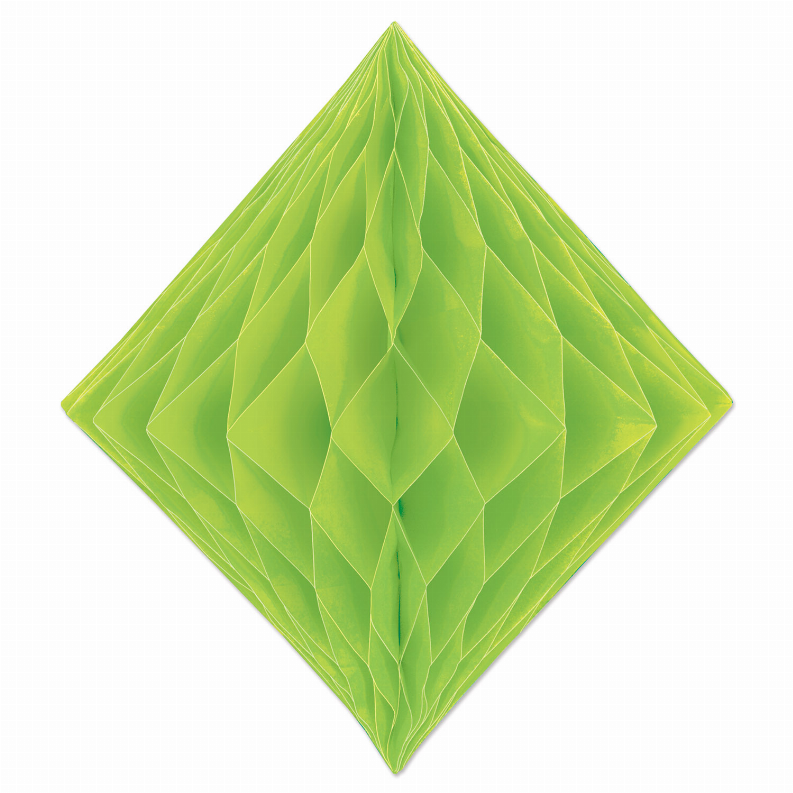 Green tissue diamond decoration with pleated fan folds, flat rosette shape