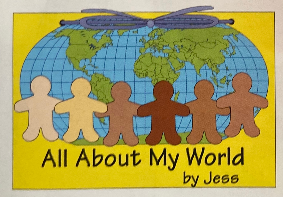 Yellow world banner cut-out with globe graphic, people silhouettes, and arched hanger