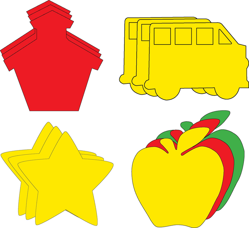Large cut-out shapes: red dress, yellow vehicle, yellow star, and apple with green leaf